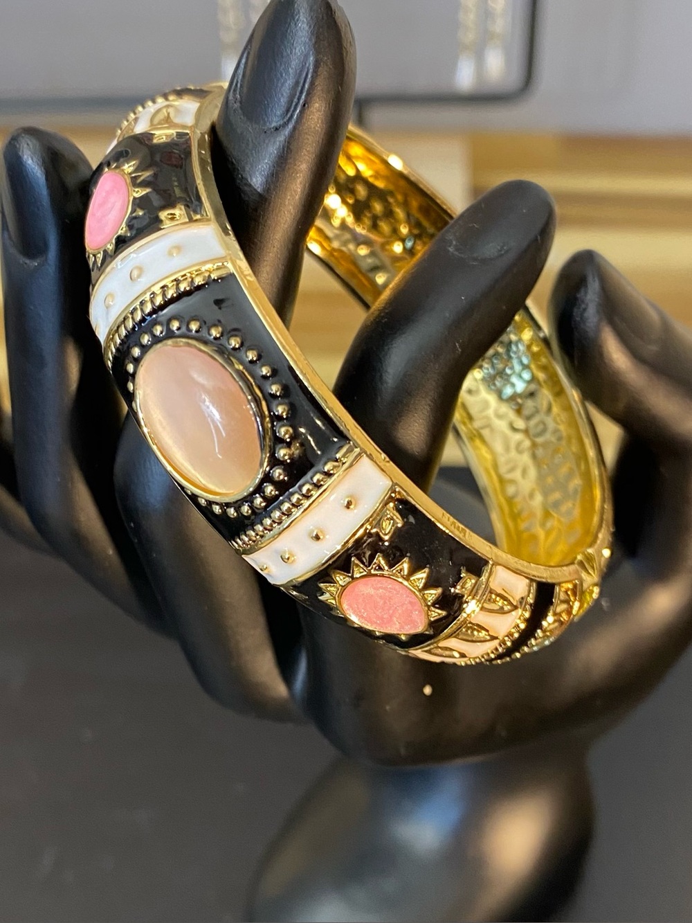 Vintage Boho Cat's Eye Floral Hinged Bangle Bracelet Cottagecore Coquette
